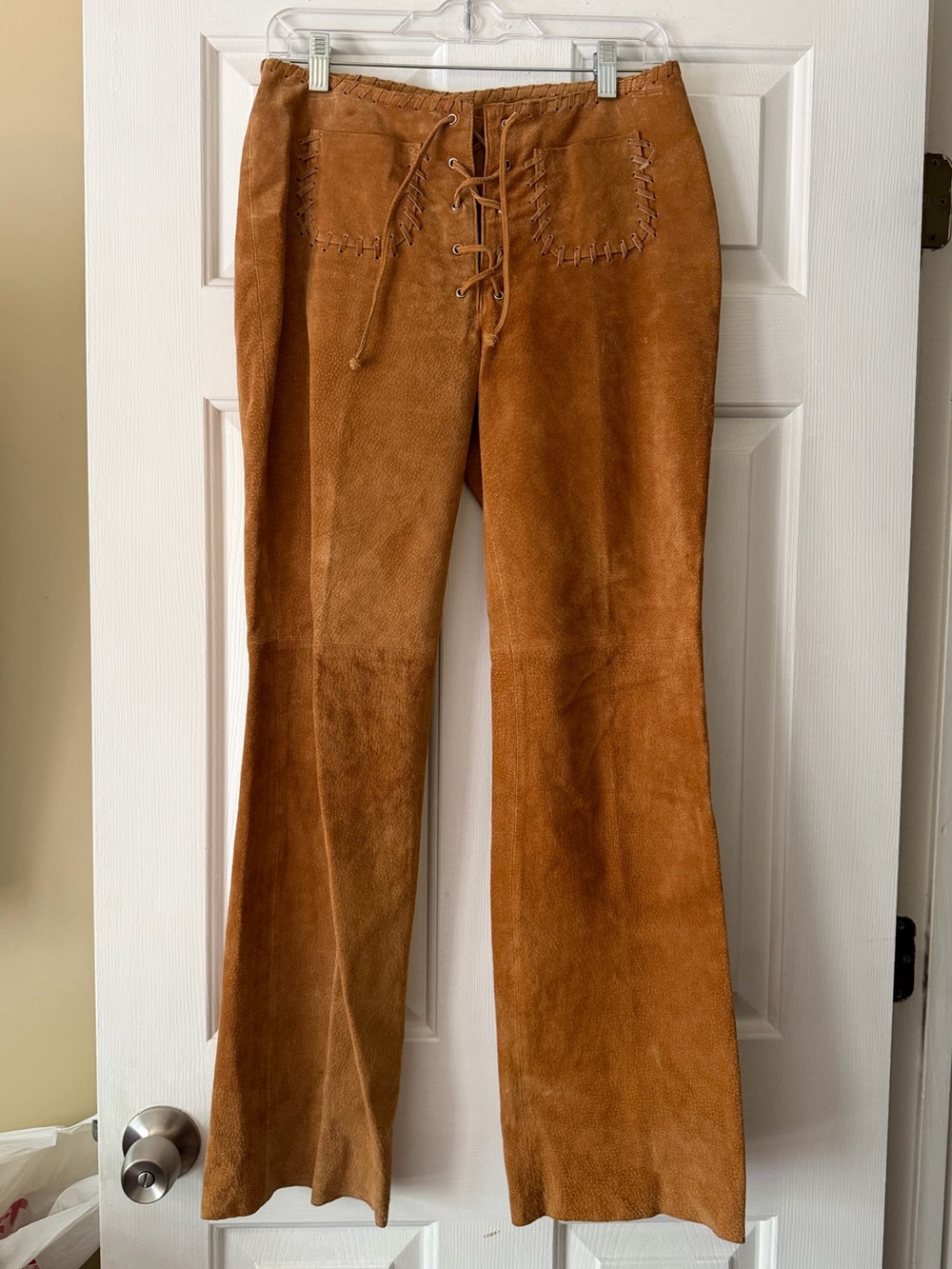Vintage suede tan lace up pants, size 6, boho, 70s